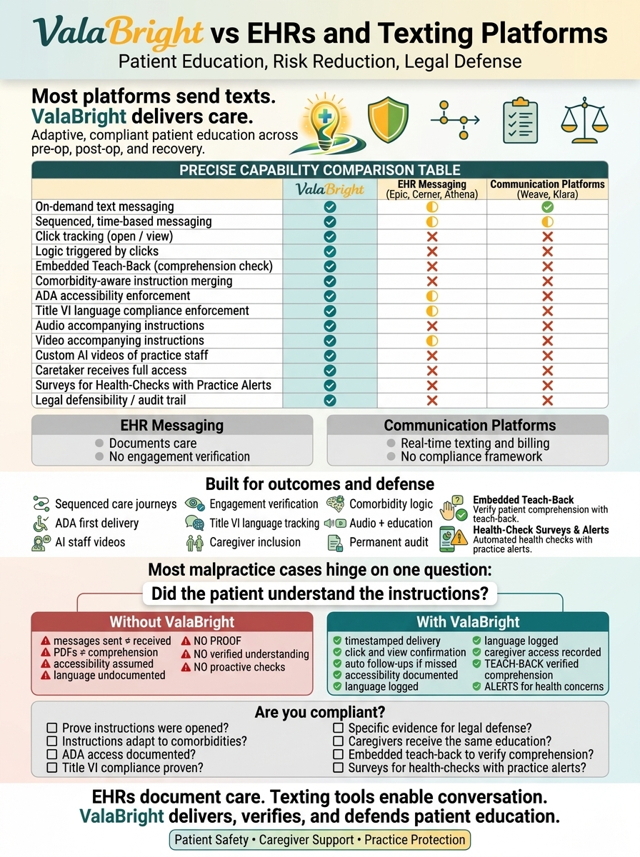 ValaBright comparison to EHRs and communications platforms